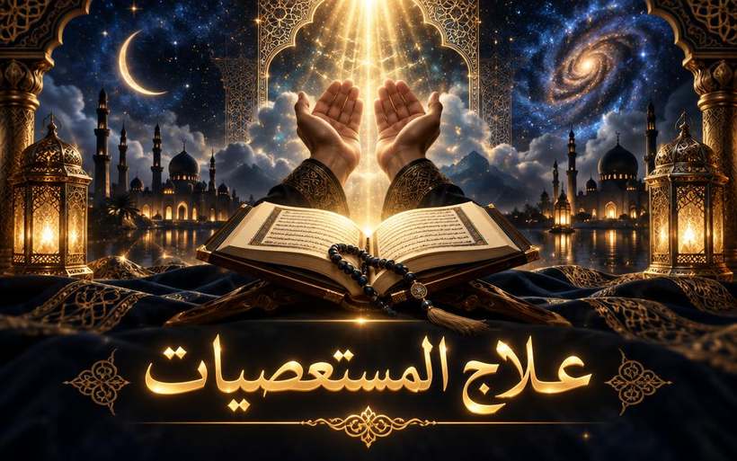علاج الحالات المستعصية: شعاع ذهبي يشق الغيوم الداكنة نحو رجل واقف على قمة جبل، ورقم التواصل والواتساب