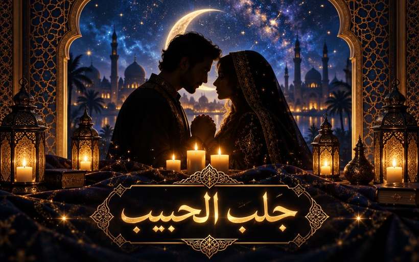 جلب الحبيب: زوجان متقابلان وبينهما شموع ذهبية تحت سماء ليلية، ورقم التواصل والواتساب