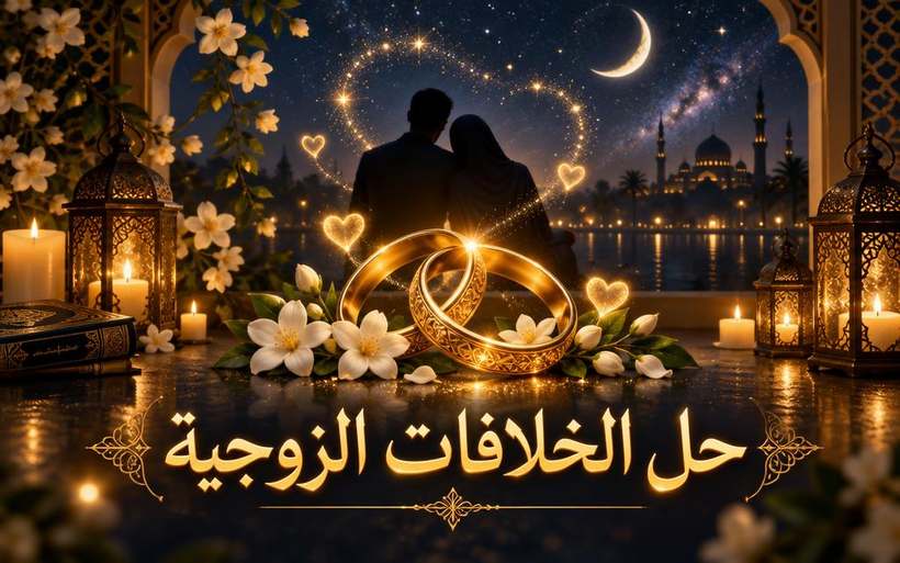 حل المشاكل الزوجية: زوجان متصالحان في بيت هادئ وبينهما شموع، ورقم التواصل والواتساب